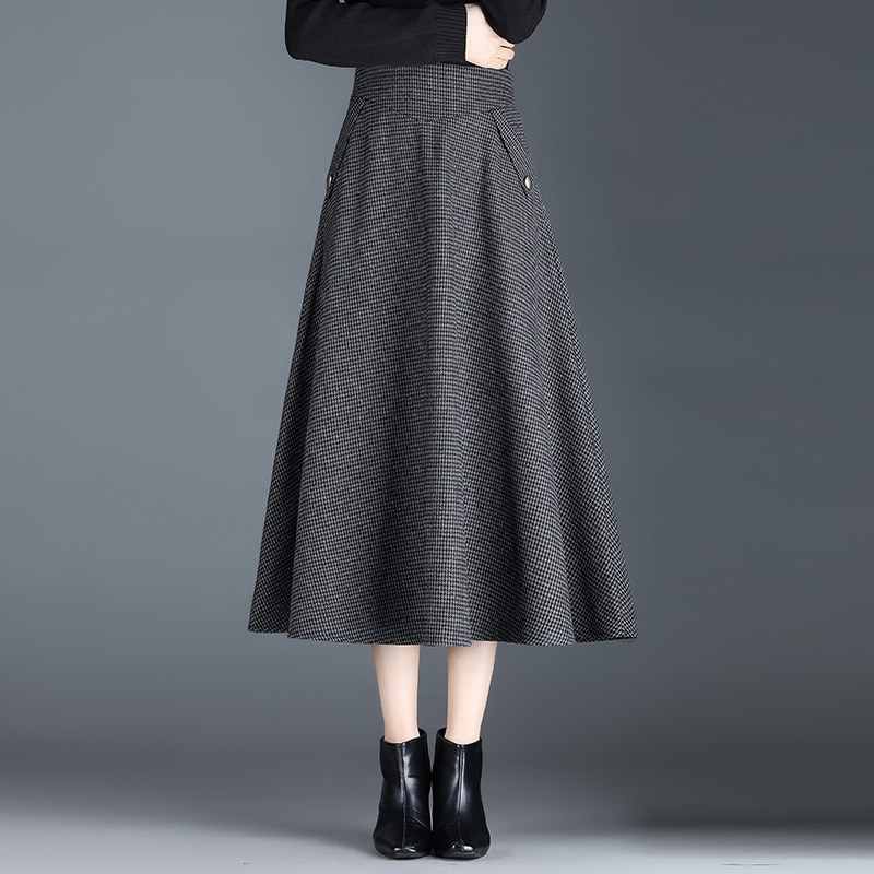 Thousand bird check skirt for women in winter woolen medium length large swing skirt 2022 new thickened umbrella skirt for women